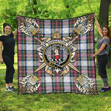 Dennistoun Tartan Quilt with Family Crest and Scottish Golden Courage Shield