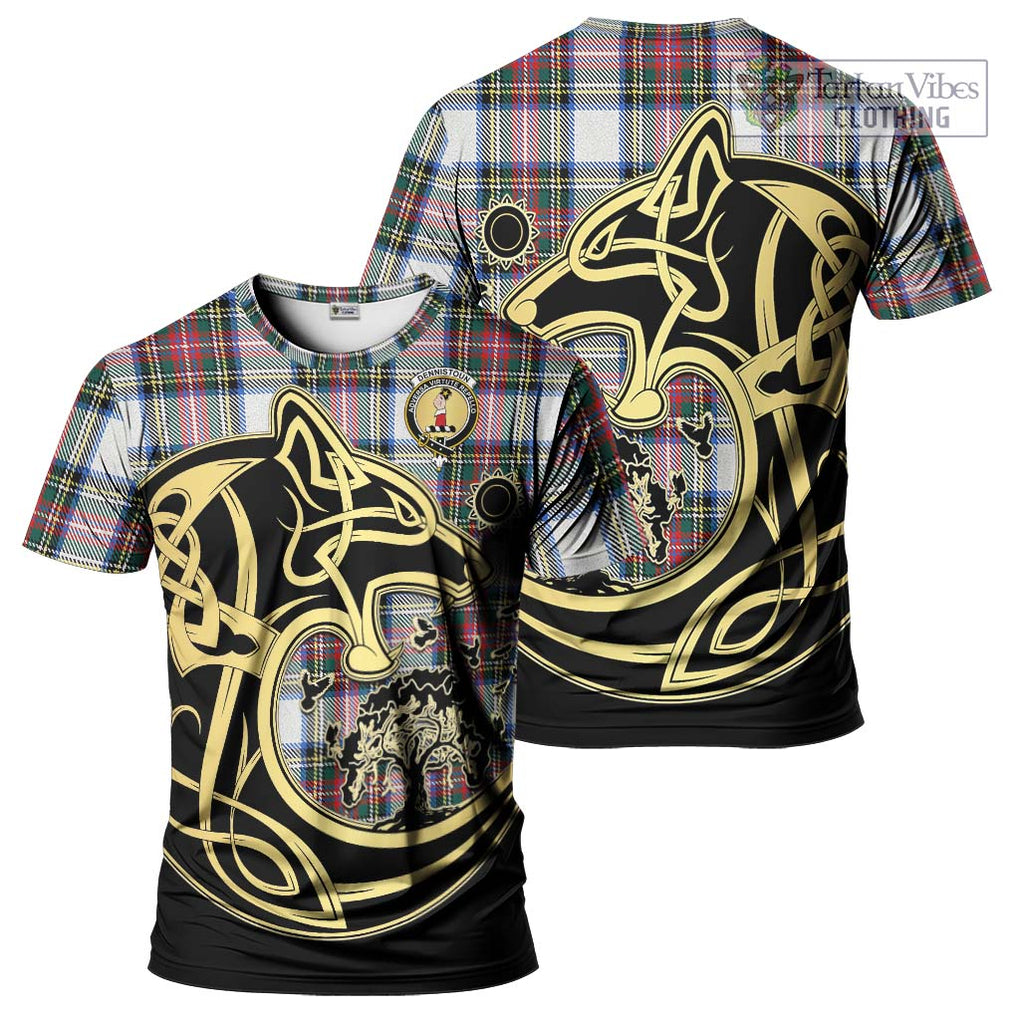 Dennistoun Tartan T-Shirt with Family Crest Celtic Wolf Style Kid's Shirt - Tartan Vibes Clothing