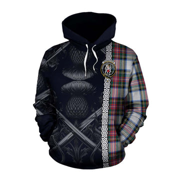 Dennistoun Tartan Cotton Hoodie with Family Crest Cross Sword Thistle Celtic Vibes Pullover Hoodie XS - Tartan Vibes Clothing