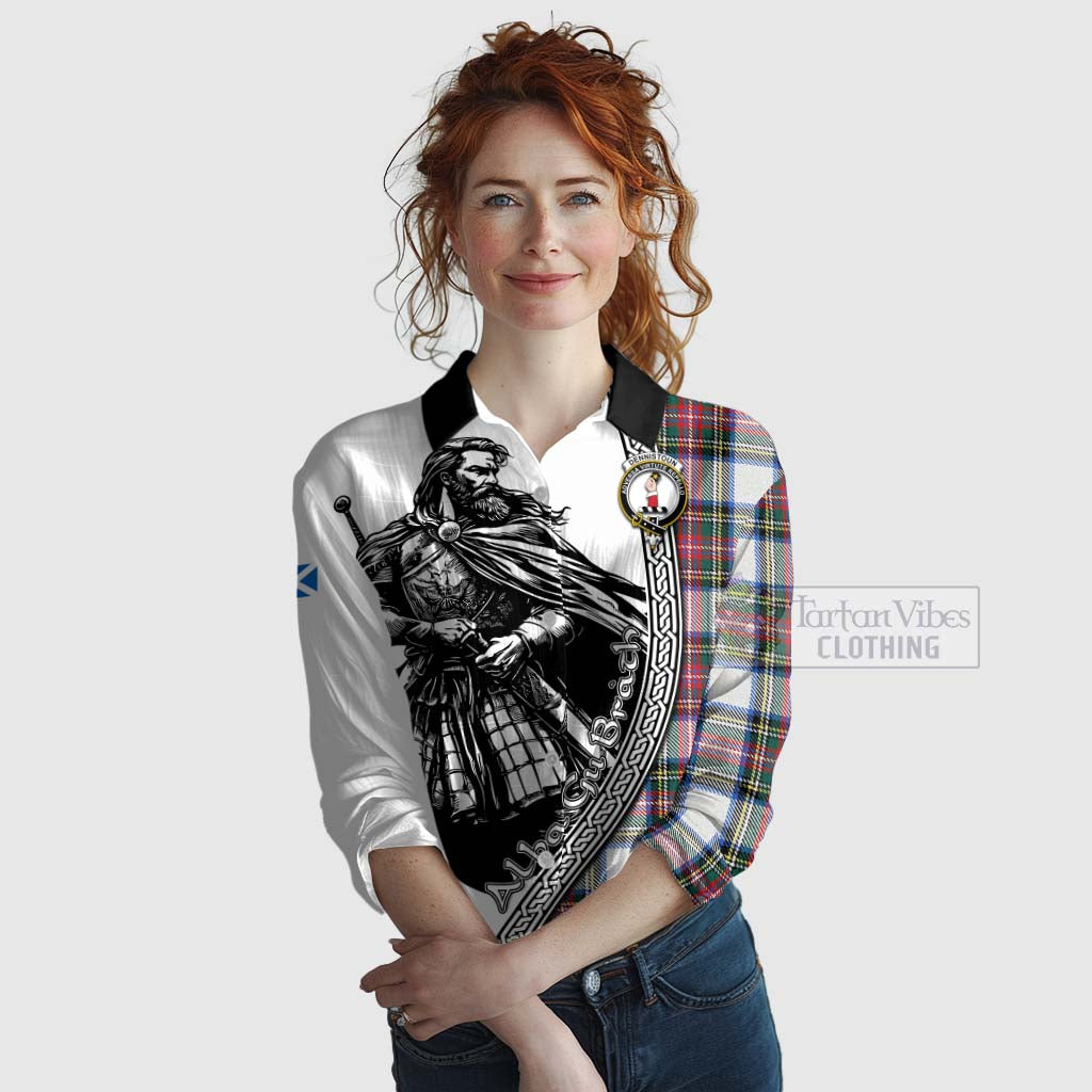 Tartan Vibes Clothing Dennistoun Tartan Clan Crest Women's Casual Shirt with Highlander Warrior Celtic Style