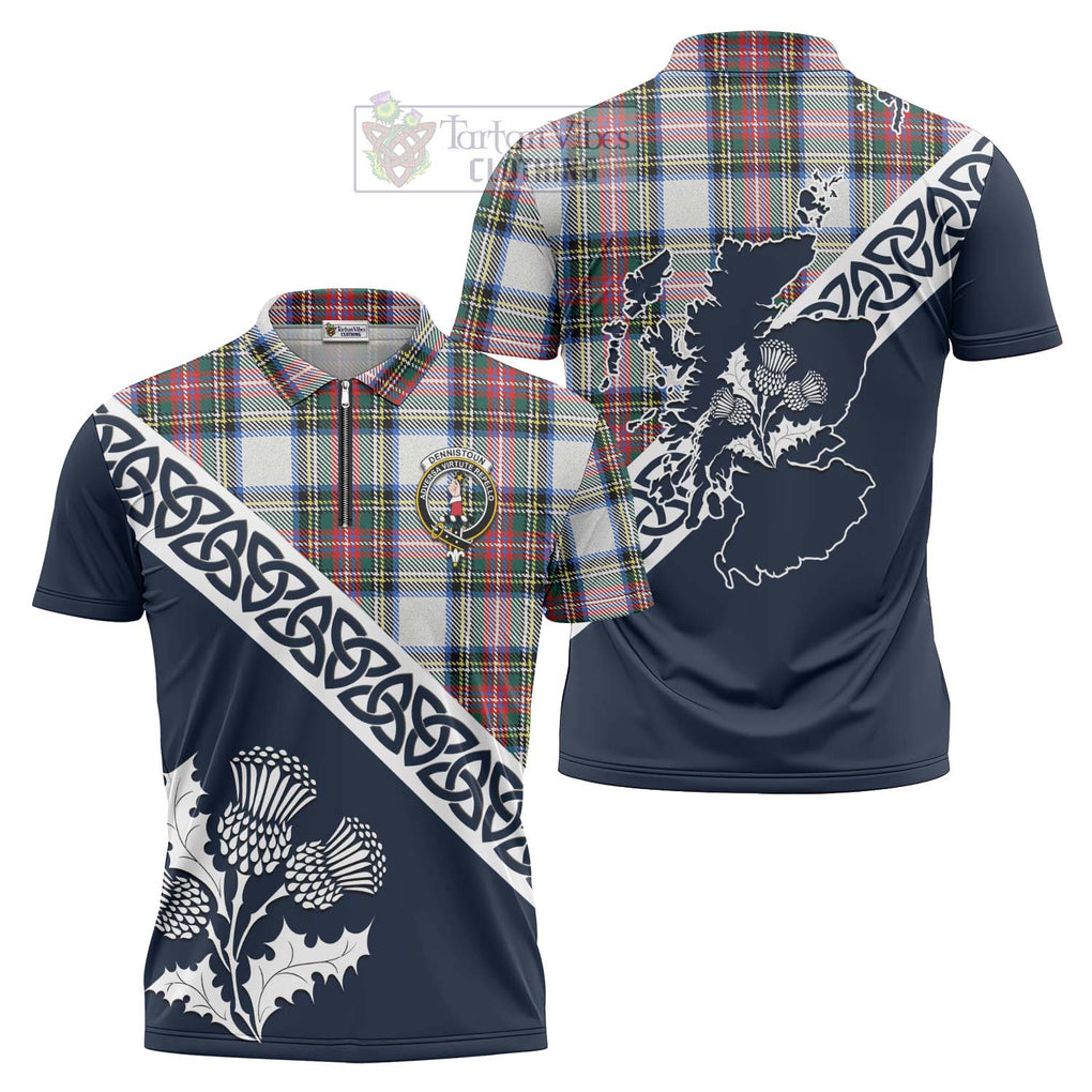 Tartan Vibes Clothing Dennistoun Tartan Zipper Polo Shirt Featuring Thistle and Scotland Map