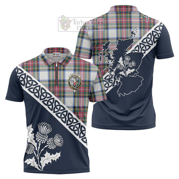 Dennistoun Tartan Zipper Polo Shirt Featuring Thistle and Scotland Map