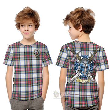 Dennistoun Tartan Kid T-Shirt with Family Crest Celtic Skull Style