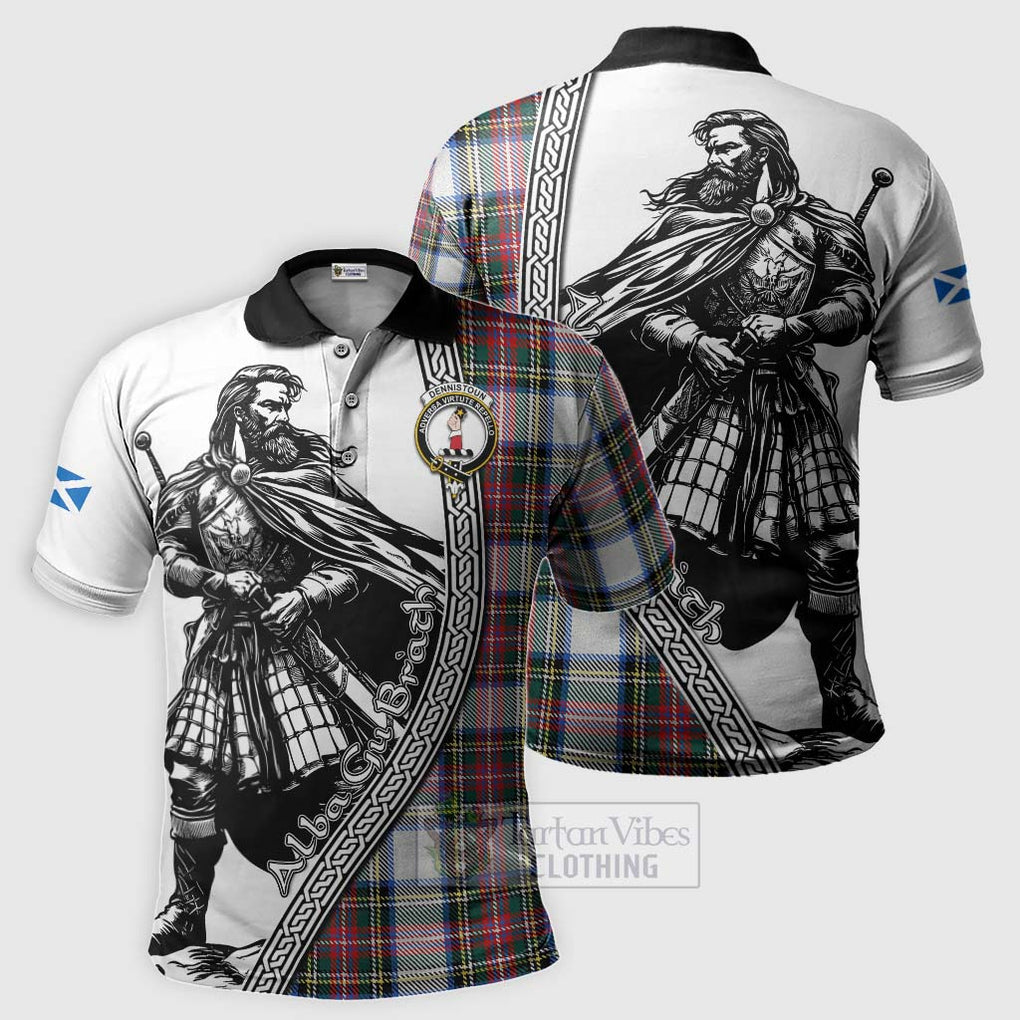 Tartan Vibes Clothing Dennistoun Tartan Clan Crest Polo Shirt with Highlander Warrior Celtic Style