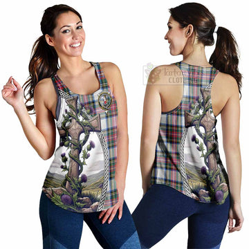 Dennistoun Tartan Women's Racerback Tanks with Family Crest and St. Andrew's Cross Accented by Thistle Vines 4XL - Tartan Vibes Clothing
