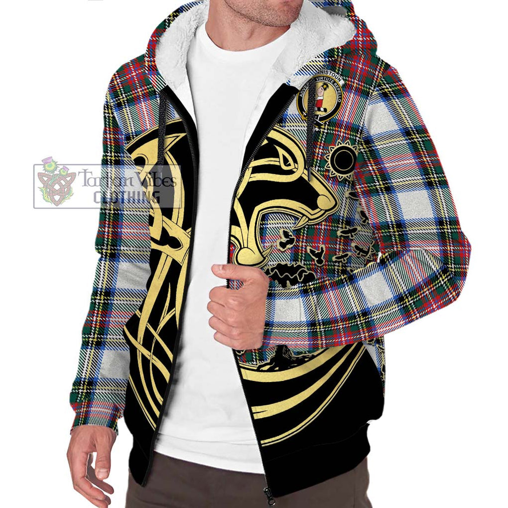 Dennistoun Tartan Sherpa Hoodie with Family Crest Celtic Wolf Style Unisex S - Tartan Vibes Clothing