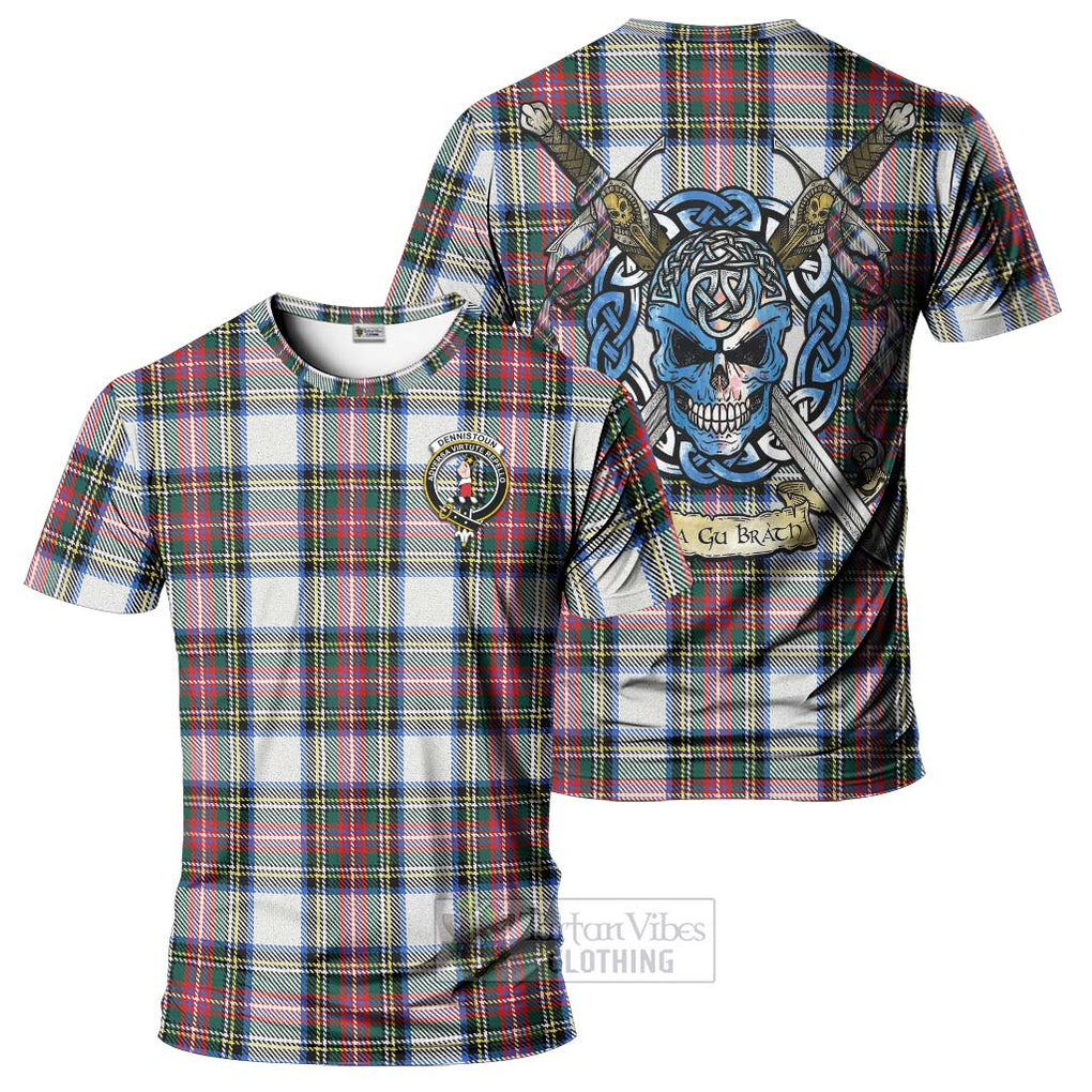 Tartan Vibes Clothing Dennistoun Tartan T-Shirt with Family Crest Celtic Skull Style