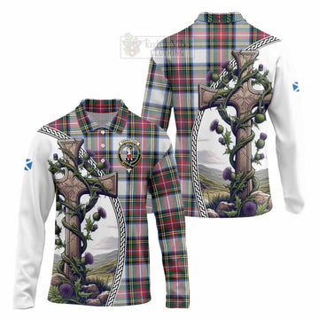 Dennistoun Tartan Long Sleeve Polo Shirt with Family Crest and St. Andrew's Cross Accented by Thistle Vines Unisex - Tartan Vibes Clothing