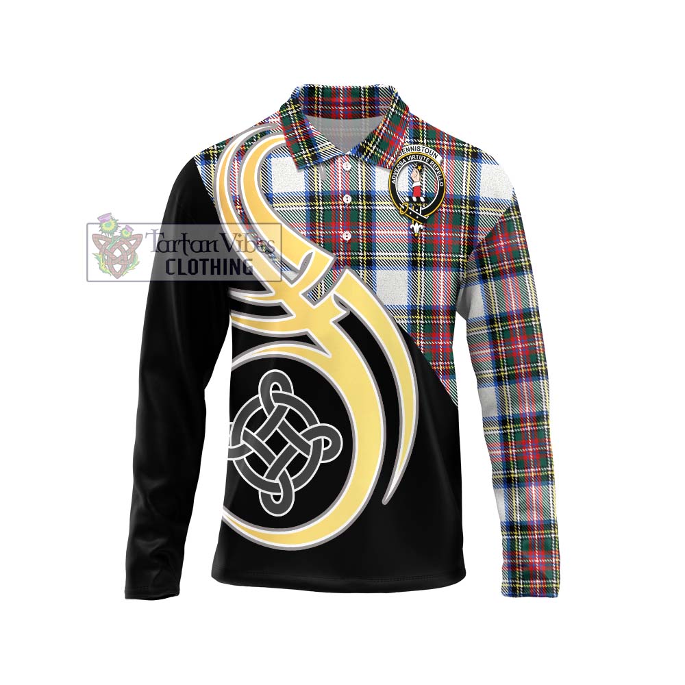 Dennistoun Tartan Long Sleeve Polo Shirt with Family Crest and Celtic Symbol Style Unisex - Tartan Vibes Clothing