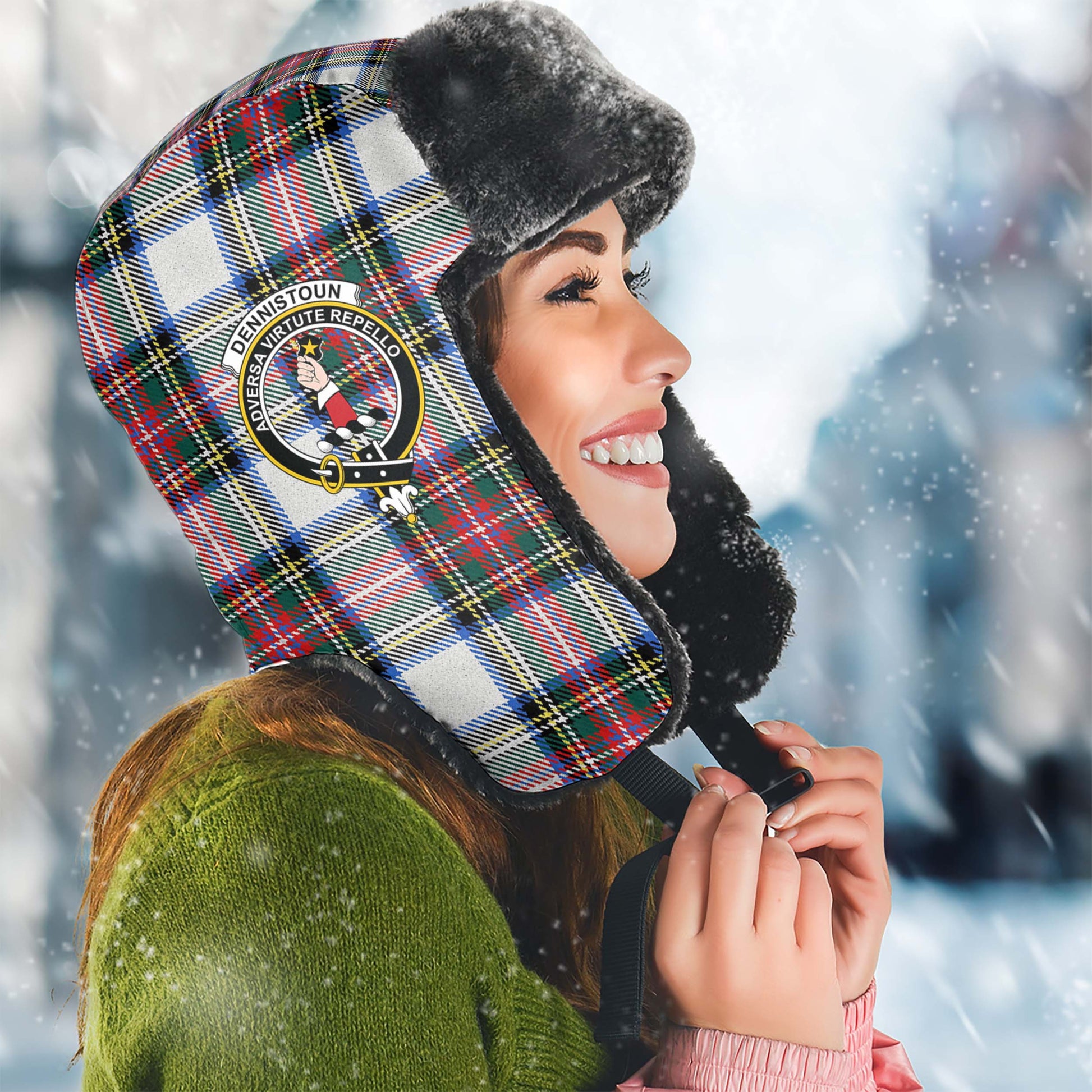 Dennistoun Tartan Winter Trapper Hat with Family Crest Winter Trapper Hat Universal Fit Circumference 22.8in (58cm) - Tartanvibesclothing