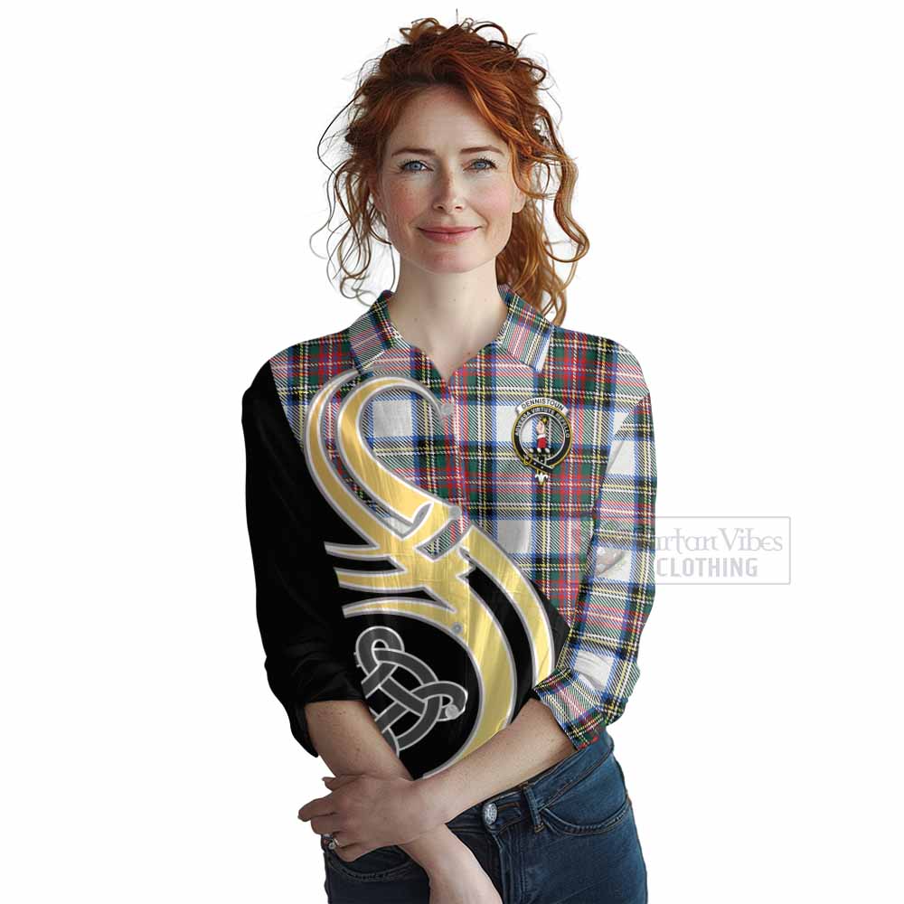 Tartan Vibes Clothing Dennistoun Tartan Women's Casual Shirt with Family Crest and Celtic Symbol Style