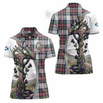 Dennistoun Tartan Women's Polo Shirt with Family Crest and St. Andrew's Cross Accented by Thistle Vines