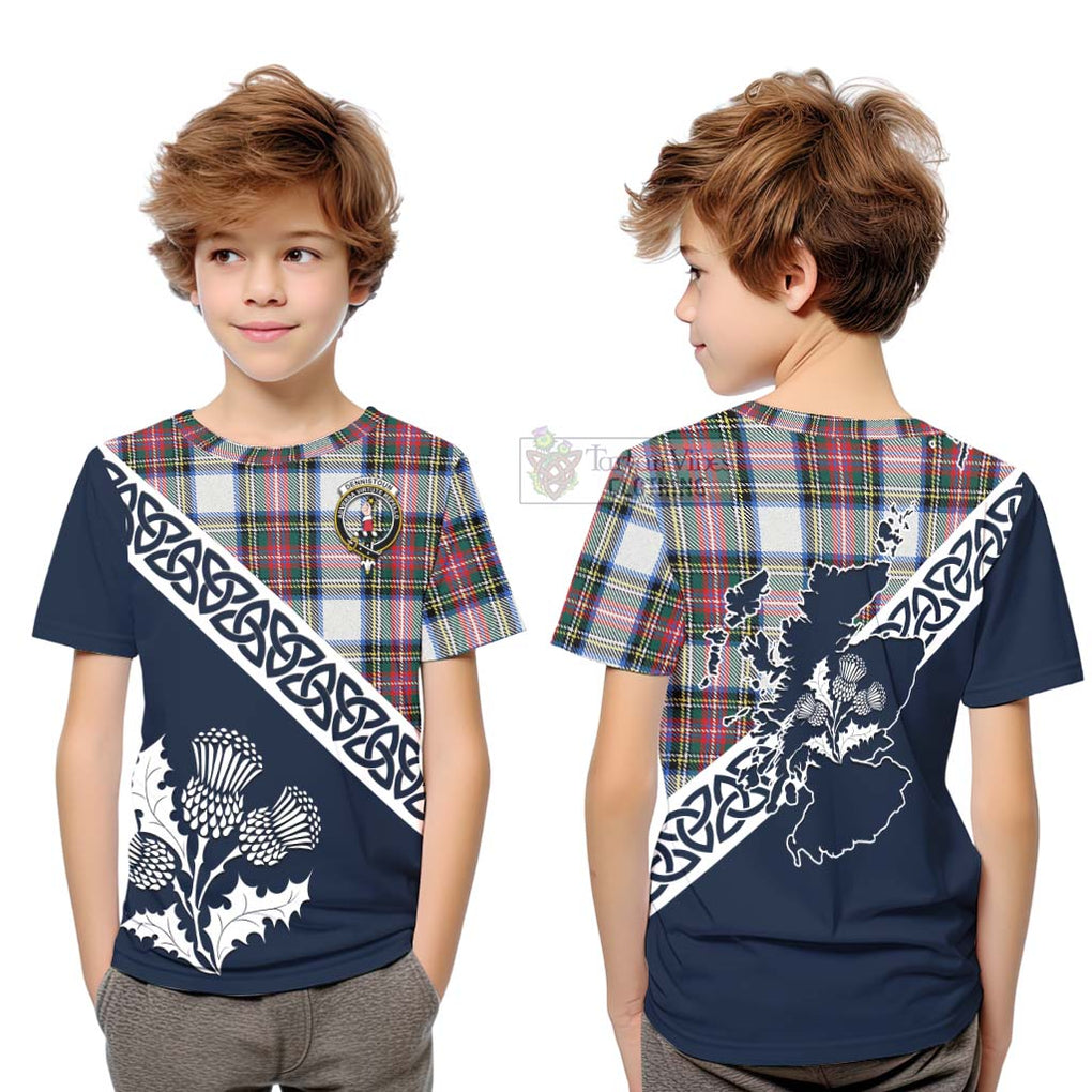 Tartan Vibes Clothing Dennistoun Tartan Kid T-Shirt Featuring Thistle and Scotland Map