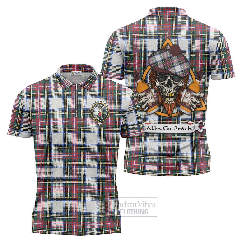 Tartan Vibes Clothing Dennistoun Tartan Zipper Polo Shirt with Family Crest and Bearded Skull Holding Bottles of Whiskey