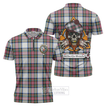 Dennistoun Tartan Zipper Polo Shirt with Family Crest and Bearded Skull Holding Bottles of Whiskey