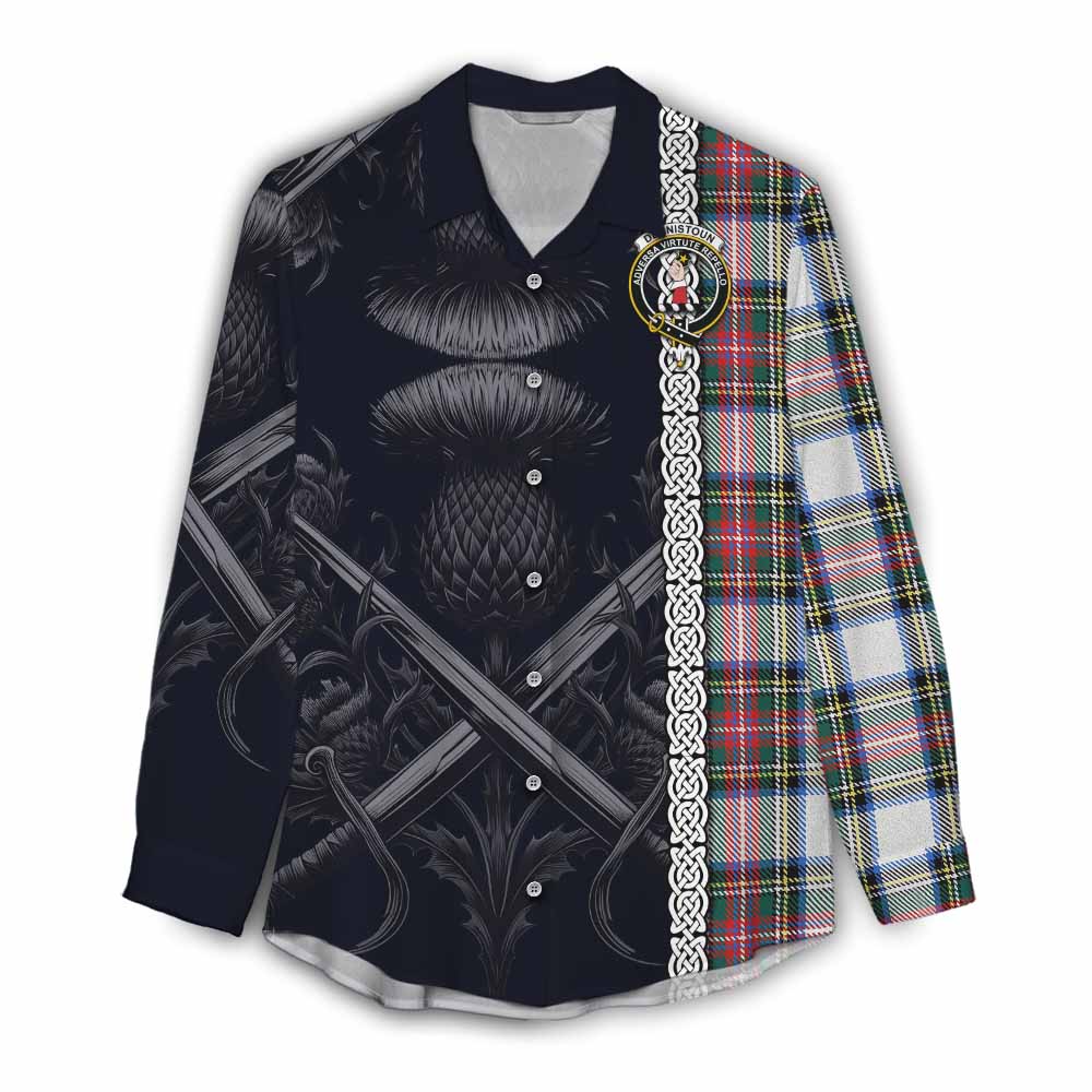 Tartan Vibes Clothing Dennistoun Tartan Women's Casual Shirt with Family Crest Cross Sword Thistle Celtic Vibes