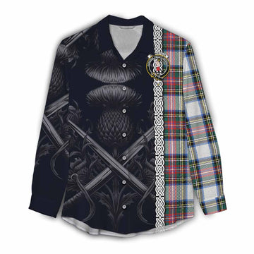 Dennistoun Tartan Women's Casual Shirt with Family Crest Cross Sword Thistle Celtic Vibes