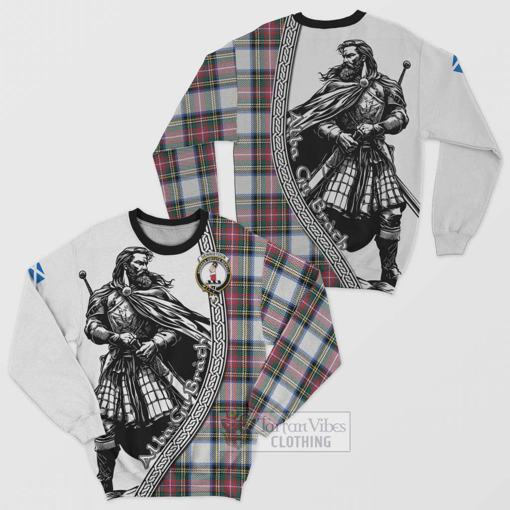 Tartan Vibes Clothing Dennistoun Tartan Clan Crest Sweatshirt with Highlander Warrior Celtic Style