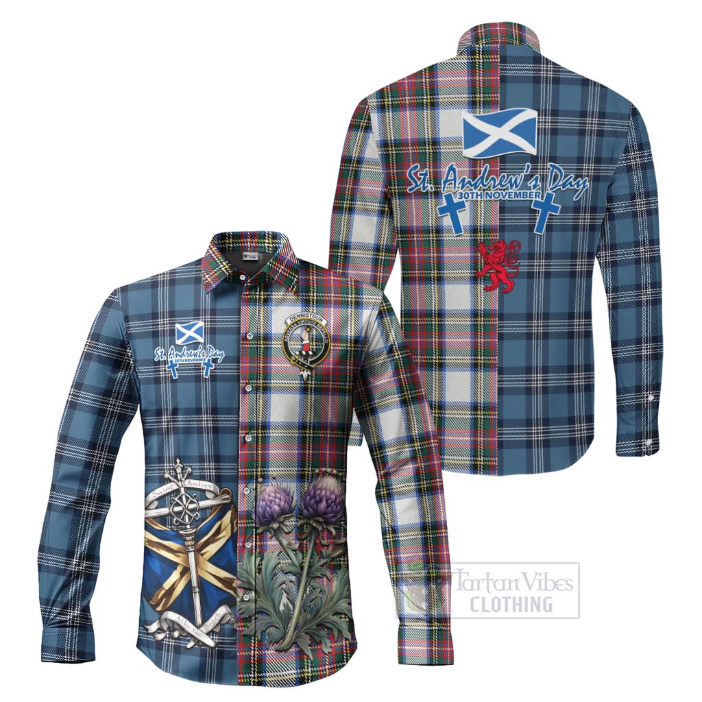 Tartan Vibes Clothing Dennistoun Tartan Long Sleeve Button Shirt Happy St. Andrew's Day Half Tartan Style