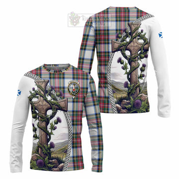 Dennistoun Tartan Long Sleeve T-Shirt with Family Crest and St. Andrew's Cross Accented by Thistle Vines Unisex - Tartan Vibes Clothing