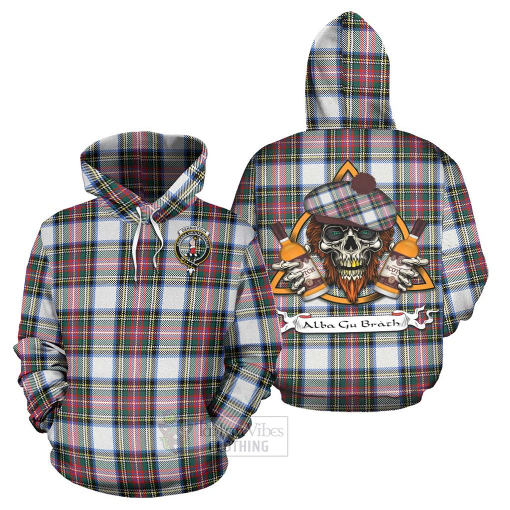 Tartan Vibes Clothing Dennistoun Tartan Hoodie with Family Crest and Bearded Skull Holding Bottles of Whiskey