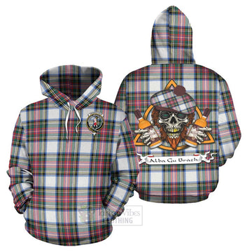 Dennistoun Tartan Hoodie with Family Crest and Bearded Skull Holding Bottles of Whiskey