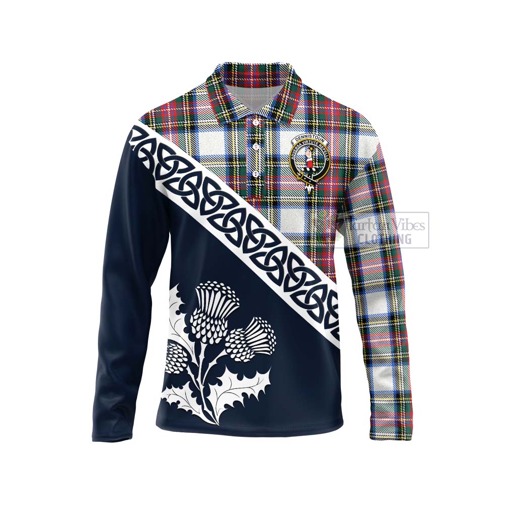 Tartan Vibes Clothing Dennistoun Tartan Long Sleeve Polo Shirt Featuring Thistle and Scotland Map