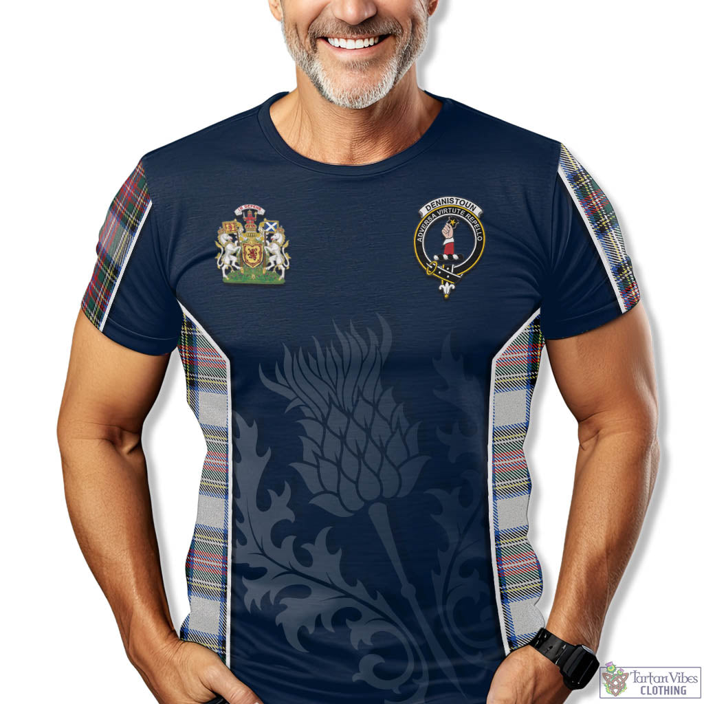 Tartan Vibes Clothing Dennistoun Tartan T-Shirt with Family Crest and Scottish Thistle Vibes Sport Style