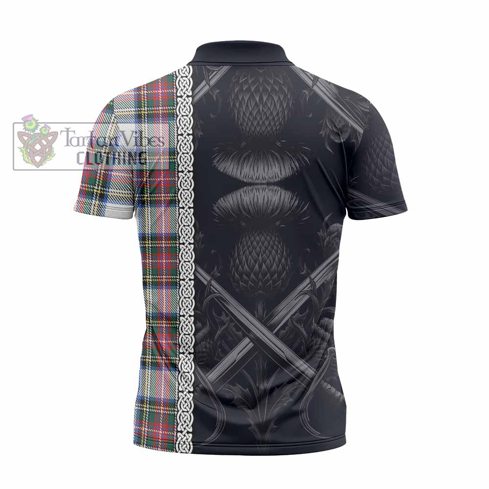 Tartan Vibes Clothing Dennistoun Tartan Zipper Polo Shirt with Family Crest Cross Sword Thistle Celtic Vibes