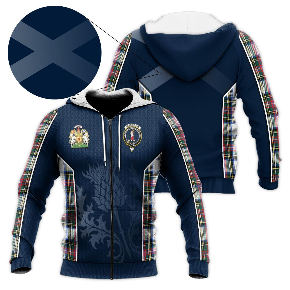 Tartan Vibes Clothing Dennistoun Tartan Knitted Hoodie with Family Crest and Scottish Thistle Vibes Sport Style