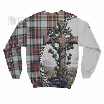 Dennistoun Tartan Sweatshirt with Family Crest and St. Andrew's Cross Accented by Thistle Vines - Tartan Vibes Clothing