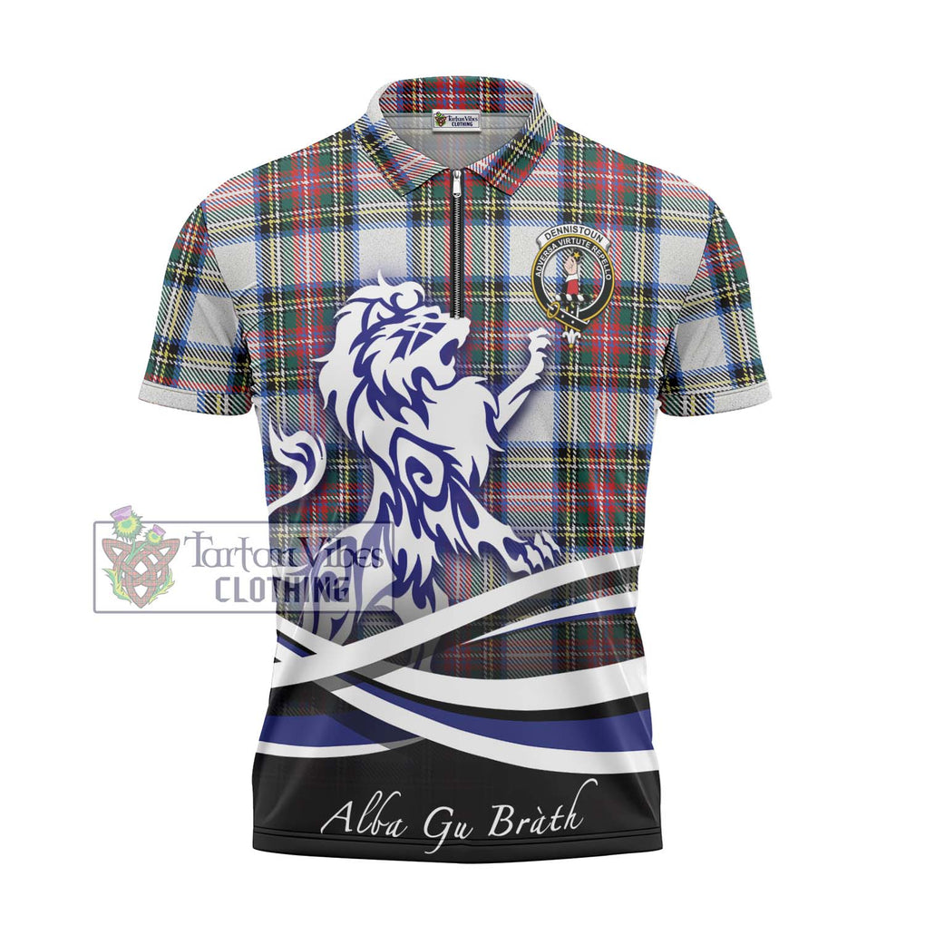 Dennistoun Tartan Zipper Polo Shirt with Alba Gu Brath Regal Lion Emblem - Tartanvibesclothing Shop