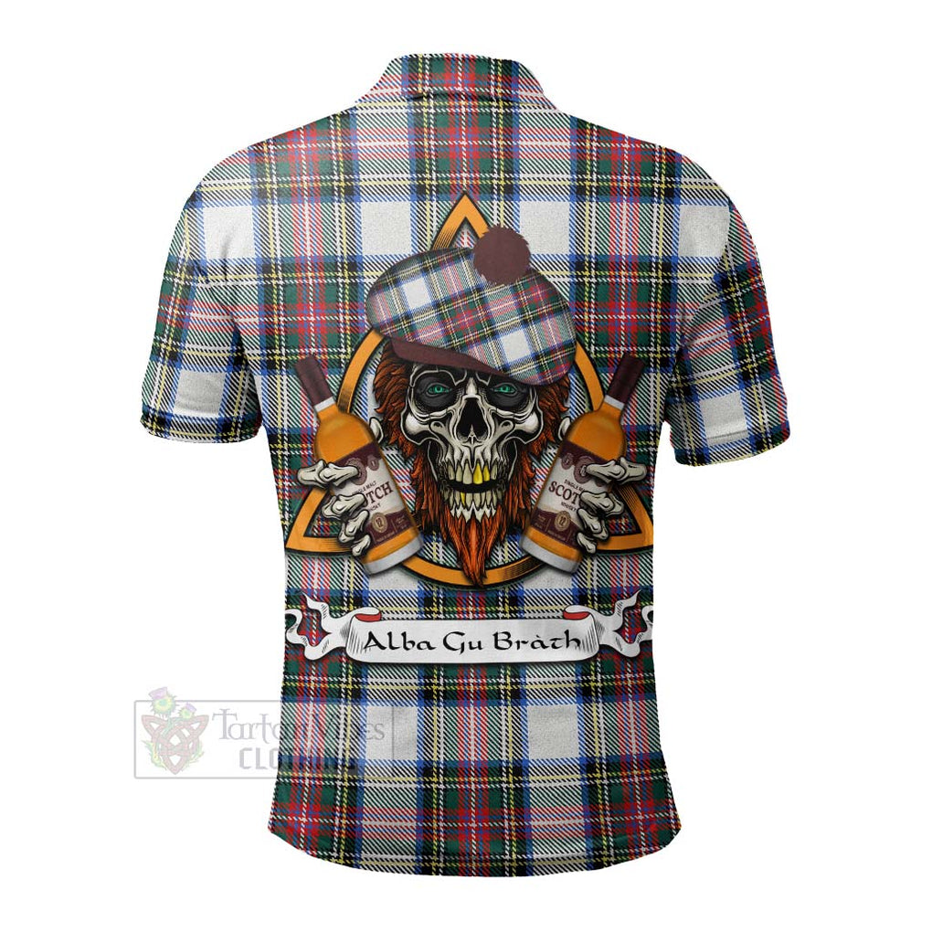 Tartan Vibes Clothing Dennistoun Tartan Polo Shirt with Family Crest and Bearded Skull Holding Bottles of Whiskey