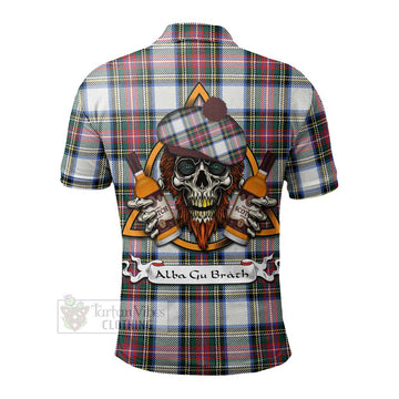 Dennistoun Tartan Polo Shirt with Family Crest and Bearded Skull Holding Bottles of Whiskey