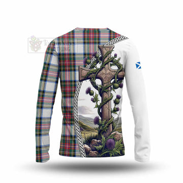 Dennistoun Tartan Long Sleeve T-Shirt with Family Crest and St. Andrew's Cross Accented by Thistle Vines - Tartan Vibes Clothing