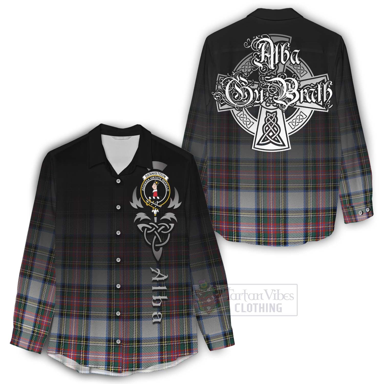 Tartan Vibes Clothing Dennistoun Tartan Women's Casual Shirt Featuring Alba Gu Brath Family Crest Celtic Inspired