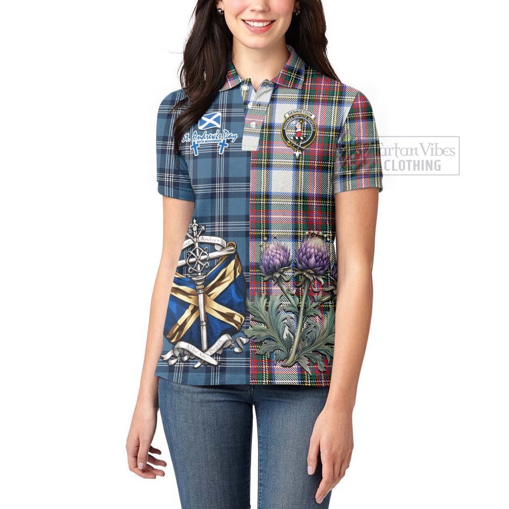 Tartan Vibes Clothing Dennistoun Tartan Women's Polo Shirt Happy St. Andrew's Day Half Tartan Style