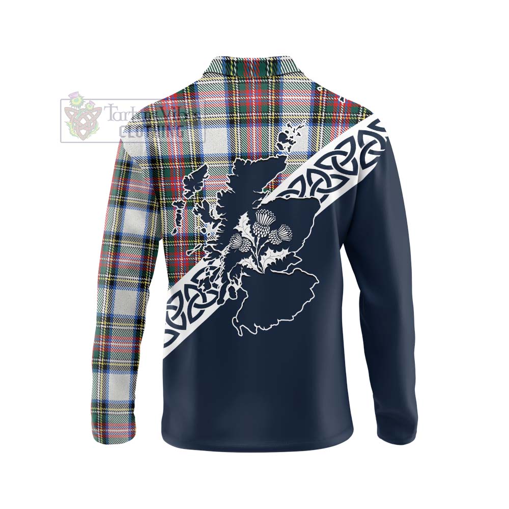 Tartan Vibes Clothing Dennistoun Tartan Long Sleeve Polo Shirt Featuring Thistle and Scotland Map