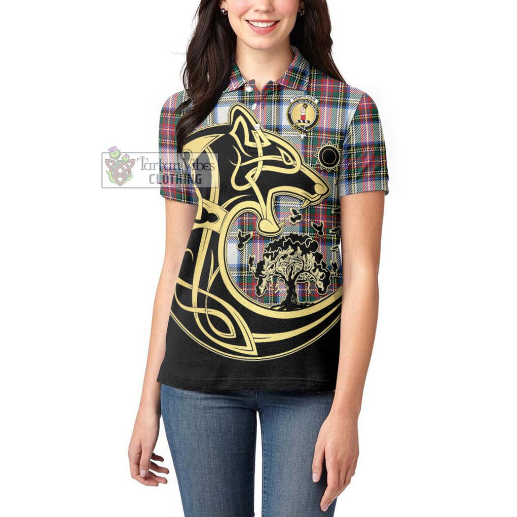 Dennistoun Tartan Women's Polo Shirt with Family Crest Celtic Wolf Style - Tartanvibesclothing Shop