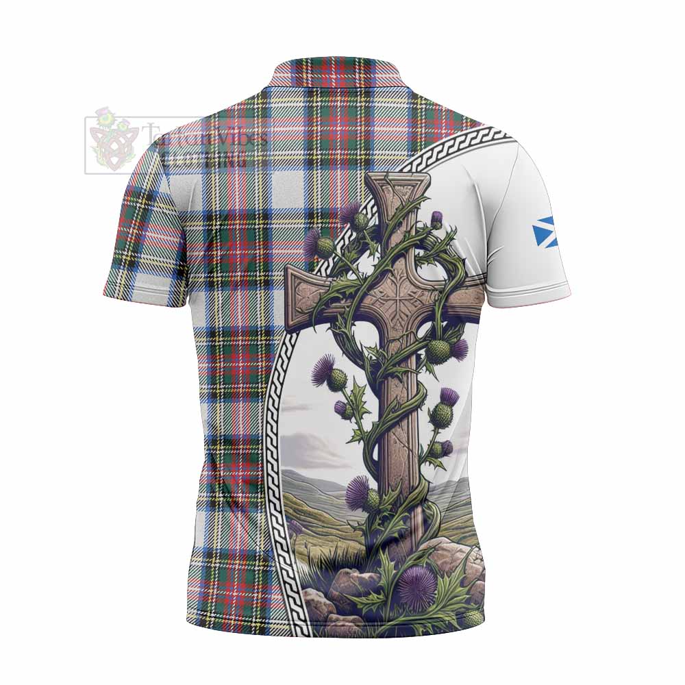 Tartan Vibes Clothing Dennistoun Tartan Zipper Polo Shirt with Family Crest and St. Andrew's Cross Accented by Thistle Vines