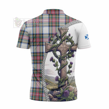 Dennistoun Tartan Zipper Polo Shirt with Family Crest and St. Andrew's Cross Accented by Thistle Vines