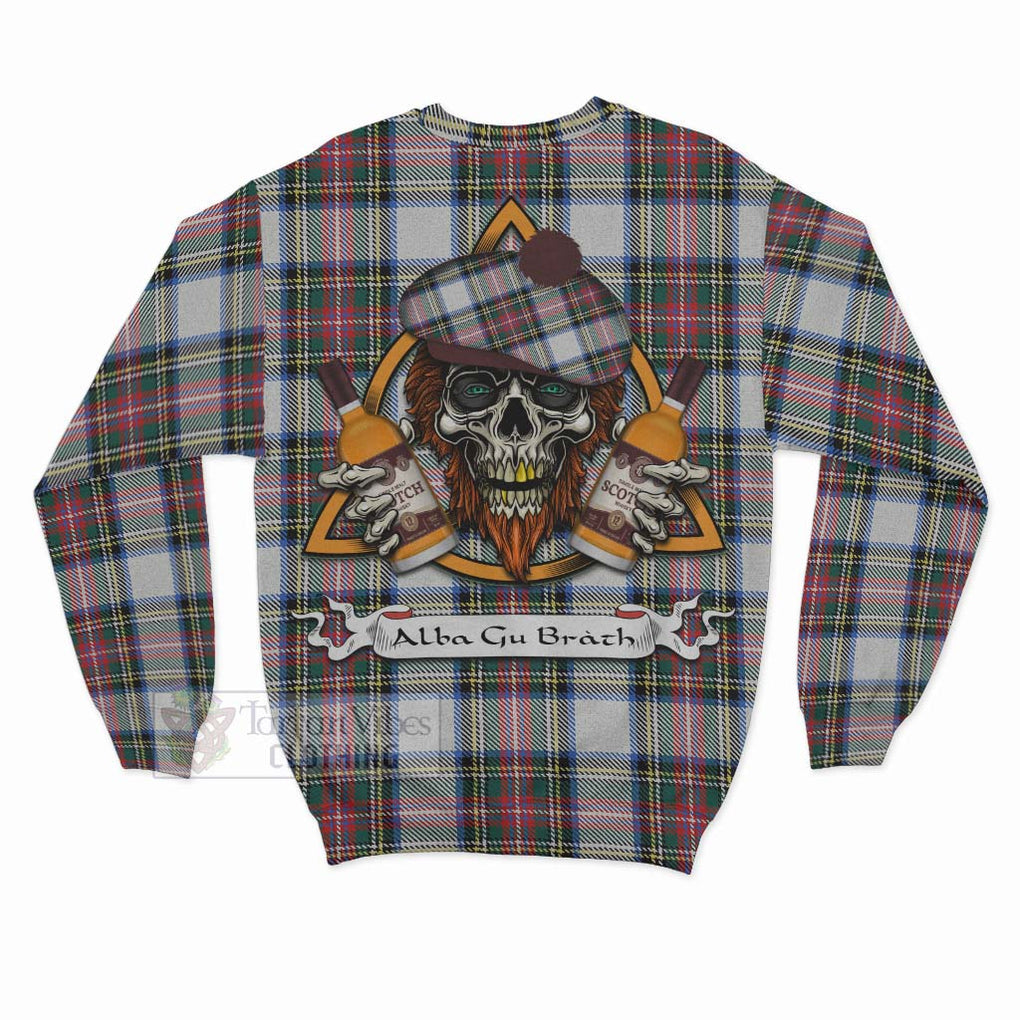 Tartan Vibes Clothing Dennistoun Tartan Sweatshirt with Family Crest and Bearded Skull Holding Bottles of Whiskey