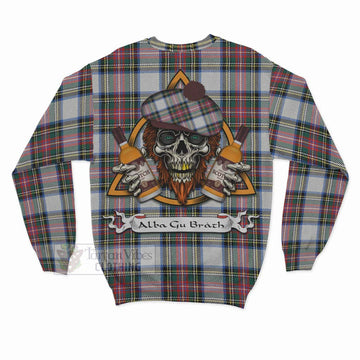 Dennistoun Tartan Sweatshirt with Family Crest and Bearded Skull Holding Bottles of Whiskey