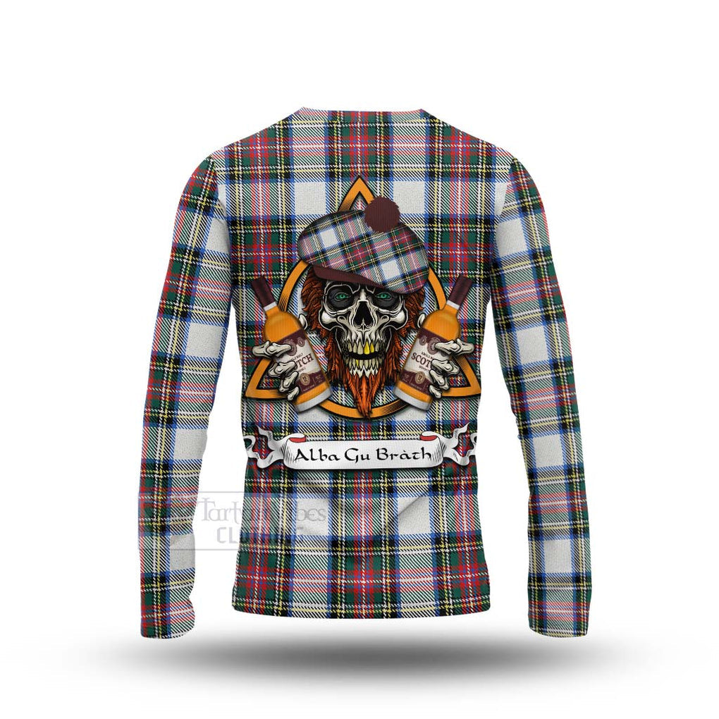 Tartan Vibes Clothing Dennistoun Tartan Long Sleeve T-Shirt with Family Crest and Bearded Skull Holding Bottles of Whiskey