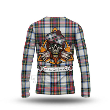 Dennistoun Tartan Long Sleeve T-Shirt with Family Crest and Bearded Skull Holding Bottles of Whiskey