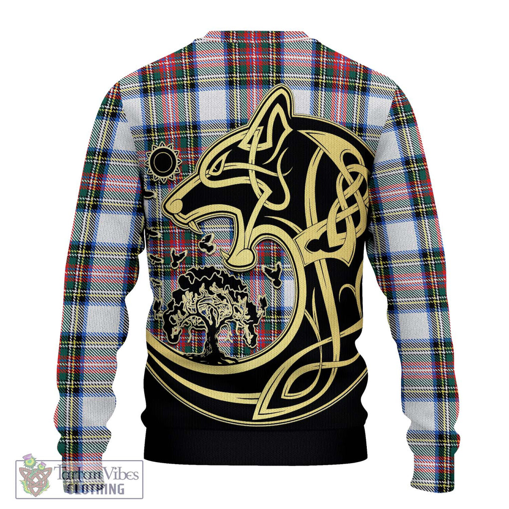 Dennistoun Tartan Knitted Sweater with Family Crest Celtic Wolf Style - Tartan Vibes Clothing