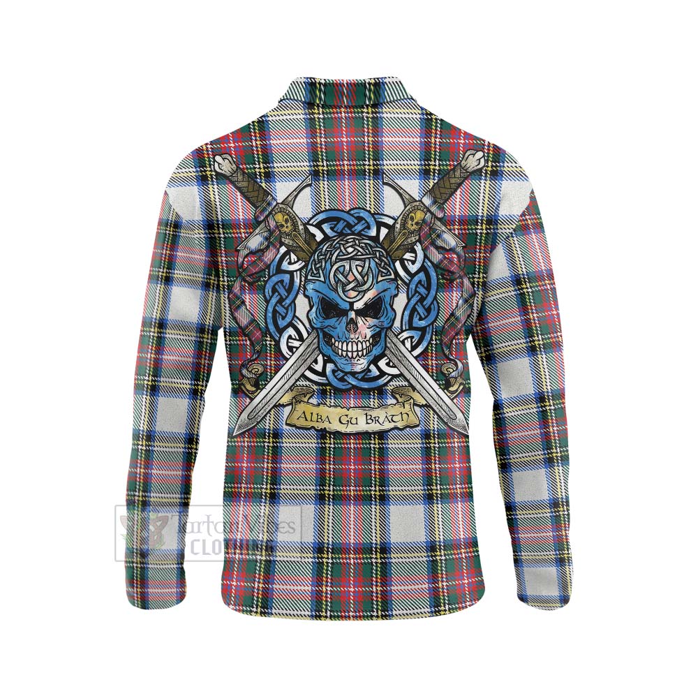 Tartan Vibes Clothing Dennistoun Tartan Long Sleeve Polo Shirt with Family Crest Celtic Skull Style