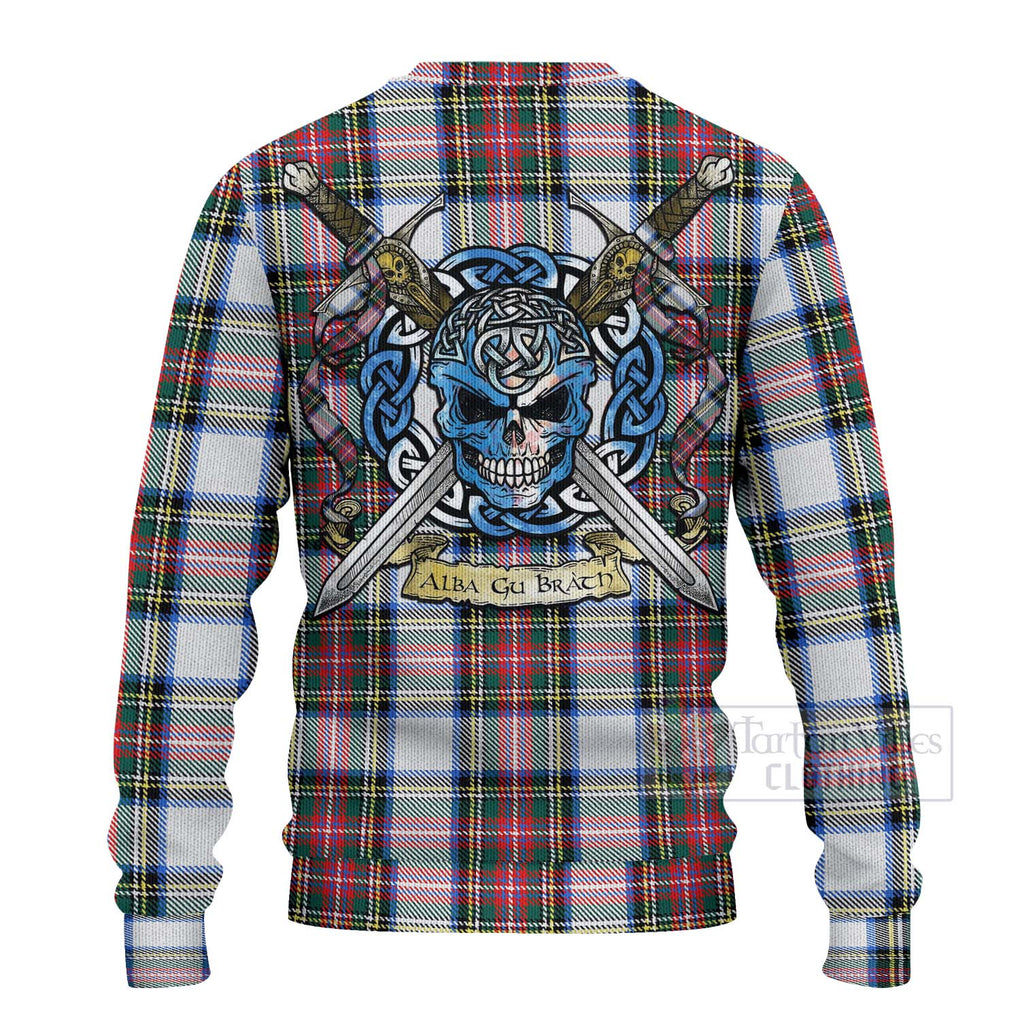 Tartan Vibes Clothing Dennistoun Tartan Knitted Sweater with Family Crest Celtic Skull Style