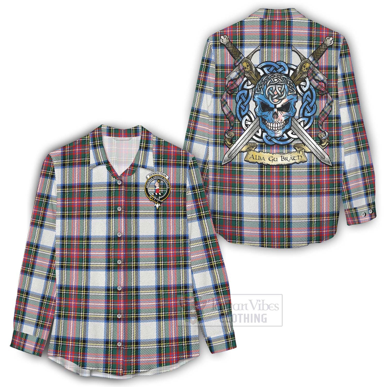 Tartan Vibes Clothing Dennistoun Tartan Women's Casual Shirt with Family Crest Celtic Skull Style