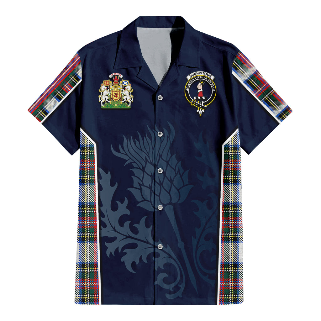 Tartan Vibes Clothing Dennistoun Tartan Short Sleeve Button Up Shirt with Family Crest and Scottish Thistle Vibes Sport Style